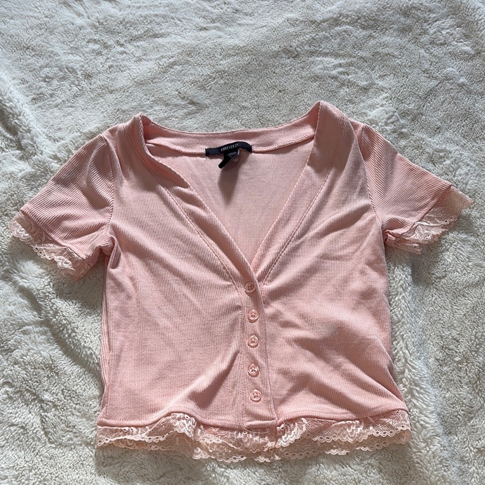 Forever 21 Pink Lace Trim Baby Tee | Y2K Button Front Crop Top XS - Picture 3 of 6